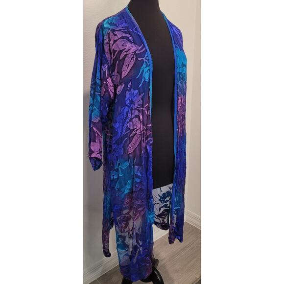 VTG Silk Duster Kimono Jacket Floral Made in USA S/M Soft Goth Luxury Boho - Picture 2 of 6